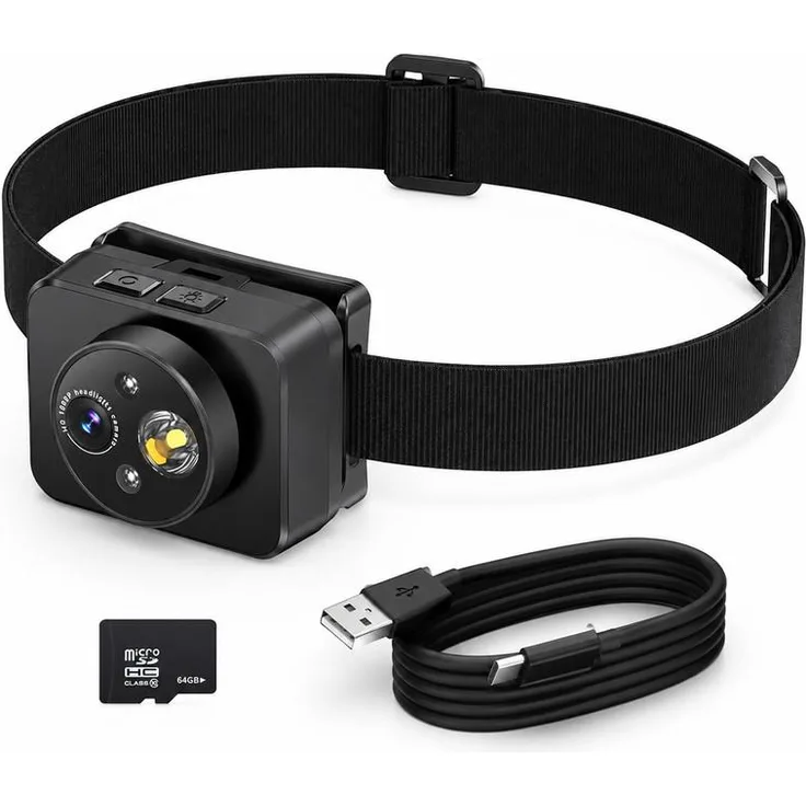 Slyrun Stirnkamera mit LED – 1080P Camcorder, 64 GB, wiederaufladbar, verstellbar, ideal für Elektriker, Fahrradfahrer und Angler