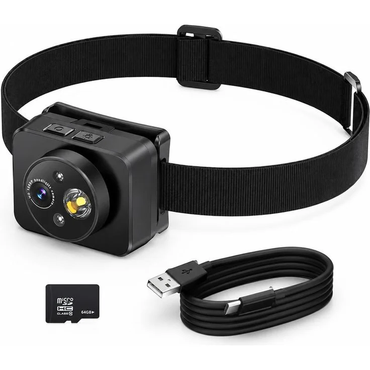 Slyrun Stirnkamera mit LED – 1080P Camcorder, 64 GB, wiederaufladbar, verstellbar, ideal für Elektriker, Fahrradfahrer und Angler