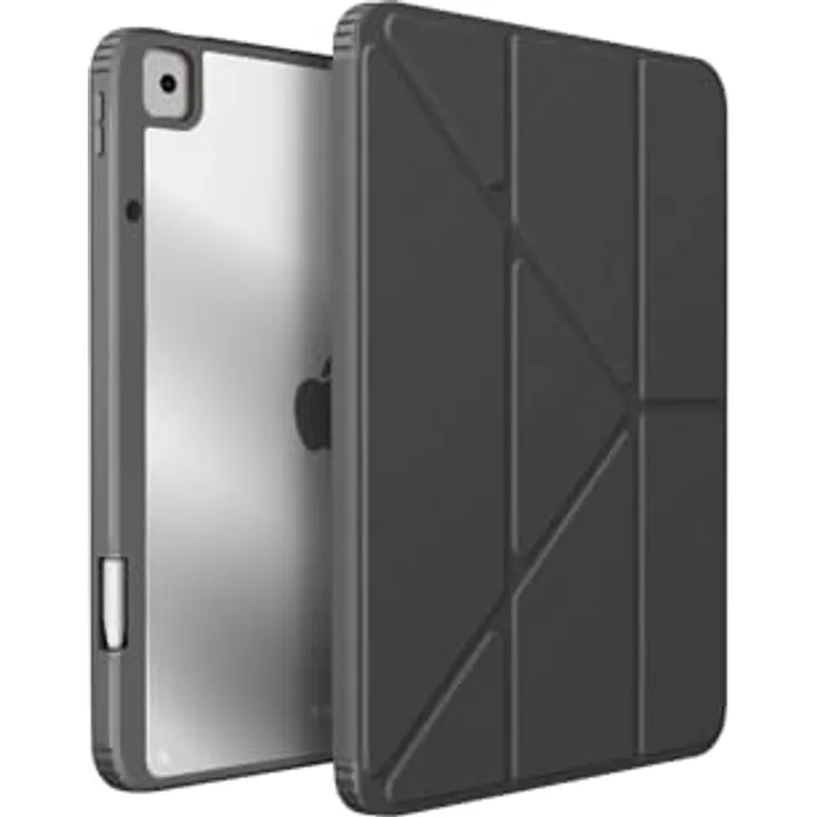 UNIQ Moven Schutzhülle für iPad 10,2, ultradünn mit transparenter Rückseite, 3 Klappen Video- und Dactylographie-Halterung, inkl. Fach für Eingabestift (schwarz)