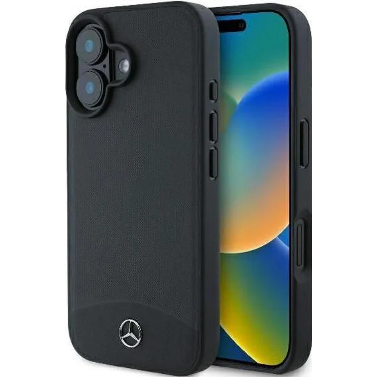 Mercedes MEHMP16S23RBARK iPhone 16 6.1" Smartphone-Hülle aus strukturiertem und glattem Leder, MagSafe-kompatibel, Schwarz