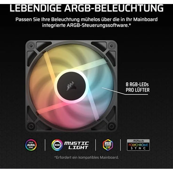 CORSAIR RS120-R ARGB Gehäuselüfter, 120-mm-PWM, 5 ARGB-Reverse-Lüfter, hoher statischer Druck, Zero-RPM-Modus, Daisy-Chain-Schaltung, schwarz, Dreierpack – Bild 5