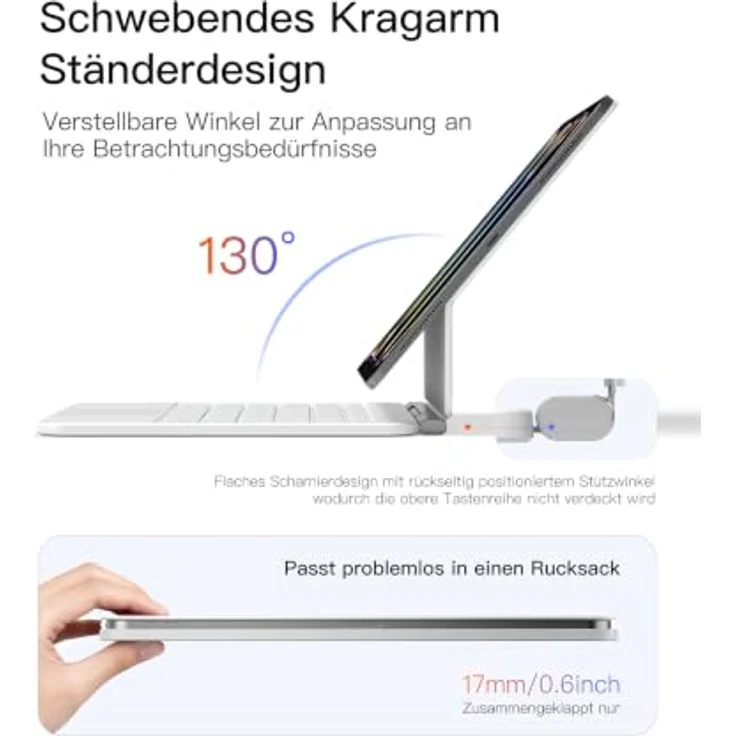 Inateck KB903, Magnetische Tastatur für iPad 11 Gen 2025 A16/10 Gen, Großes Trackpad, LED Anzeige, 7 Farben Hinterleuchtet, QWERTZ, mit Stifthalter – Bild 3
