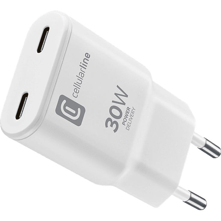 CELLULAR LINE USB-C Duo GaN Reiselader 30W, kompaktes und leichtes Ladegerät für Smartphones und Tablets, Weiß