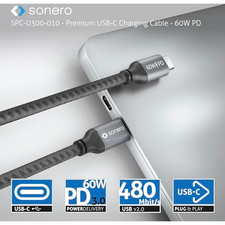 Sonero USB-C auf USB-C Ladekabel, Schnellladekabel, 60W PD, grau/schwarz – Bild 5