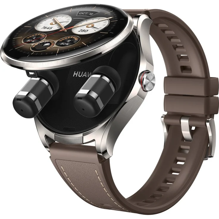 Huawei WATCH Buds 2 Libra-B19L, Smartwatch mit AMOLED-Display, integrierten kabellosen In-Ear-Kopfhörern und braunem Leder-Compositschnalle
