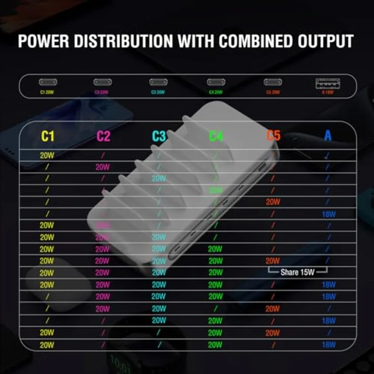 4smarts Ladestation Team 100W 5C/1A, Ladegerät für bis zu 9 Geräte, inkl. 5 USB-C-Kabel und 4in1-Kabel, Schnellladung, Silber – Bild 7