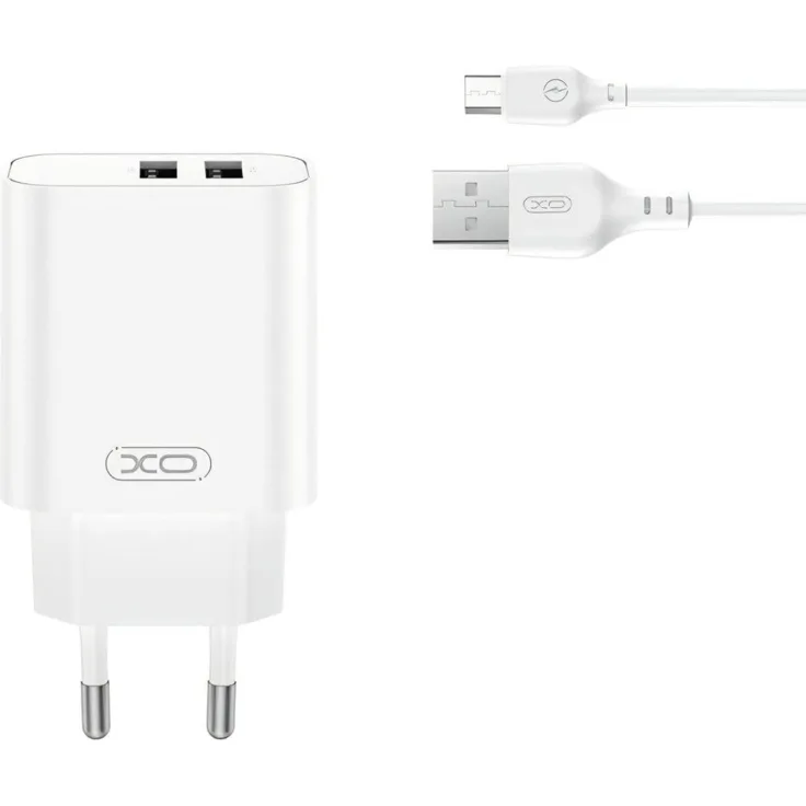 XO CE34 Universales Ladegerät 2x USB-A 2,4A mit USB-C auf Micro-USB-Kabel, 220V, Weiß