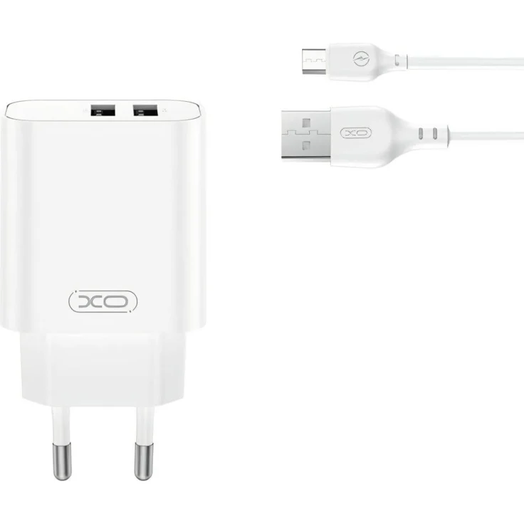 XO CE34 Universales Ladegerät 2x USB-A 2,4A mit USB-C auf Micro-USB-Kabel, 220V, Weiß