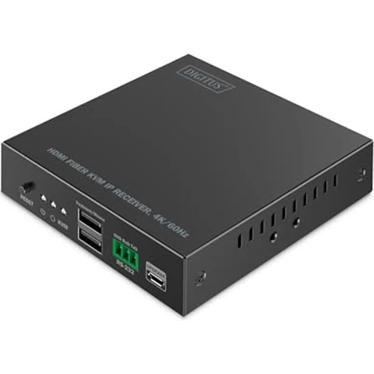 Digitus HDMI Fiber KVM IP Receiver, 4K/60Hz, KVM Switch, Schwarz - Flexible Punkt-zu-Multipunkt-Verbindung, latenzarme Videoübertragung, 3,5-mm-Stereoanschluss