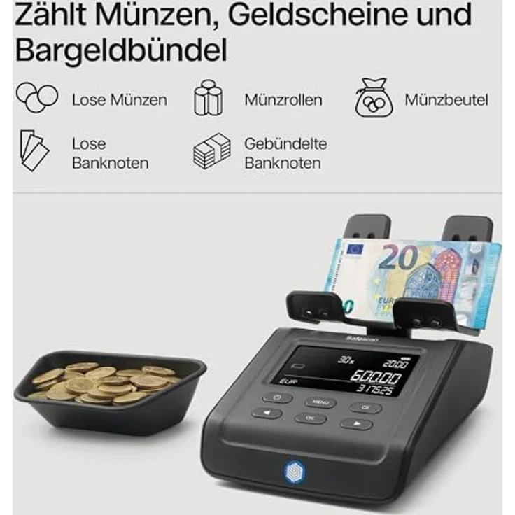 Safescan 6165 Geldzählmaschine, automatische Münzrollenerkennung und Wertzählung für Münzen und Banknoten, schnelle Bargeldverwaltung, Zukunftssicher – Bild 4