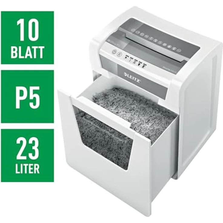 Leitz IQ Office Aktenvernichter, Mikroschnitt, Sicherheitsstufe P5, 10 Blatt Kapazität, 23L Abfallbehälter, Schredder, weiß, 80020000 – Bild 2