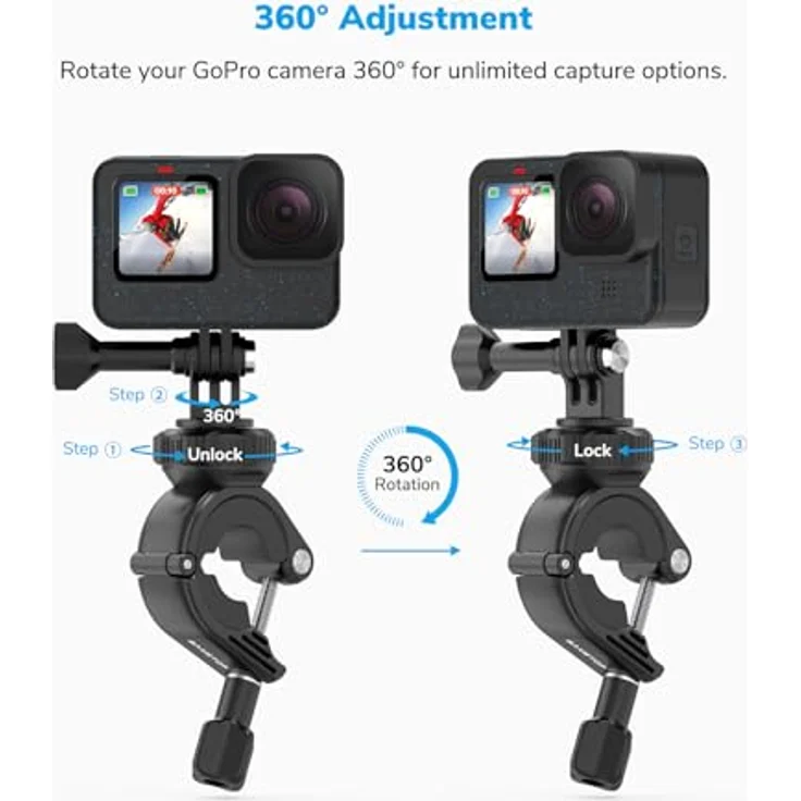 Sametop Fahrrad Lenker Halterung, 360° drehbare Klemme für GoPro Hero 13-5 und DJI Osmo Action Kameras, kompatibel mit Rohren von 9mm bis 35mm – Bild 2
