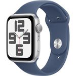 Apple Watch SE (2. Generation) GPS 44 mm Smartwatch mit Aluminiumgehäuse in Silber und Sportarmband in Denim (M/L). Fitness und Schlaftracker, Unfallerkennung, Herzfrequenzmesser, Retina Display