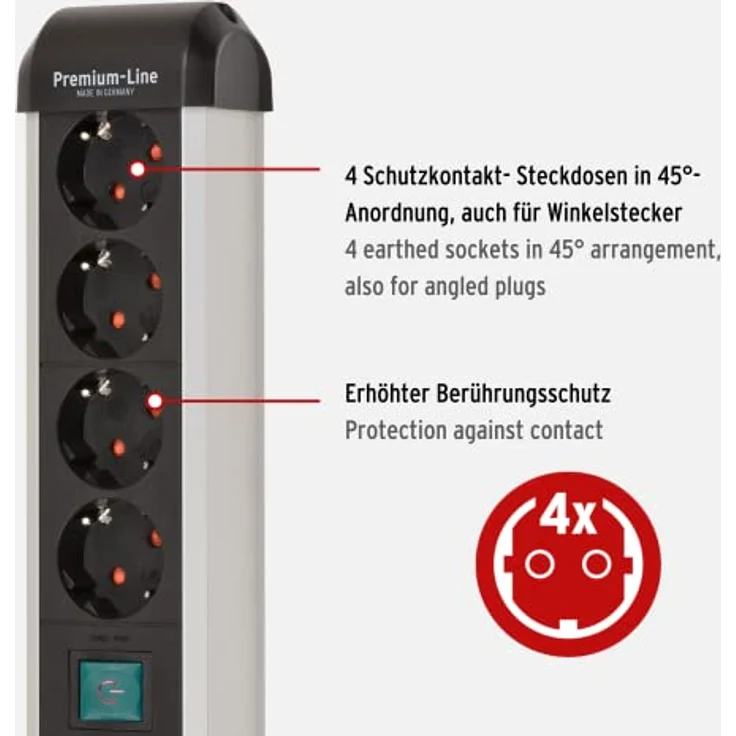 Brennenstuhl Premium-Alu-Line Steckdosenleiste 4-Fach/Steckerleiste aus hochwertigem Aluminium (Mehrfachsteckdose mit Schalter und 1,8m Kabel, Made in Germany) – Bild 3