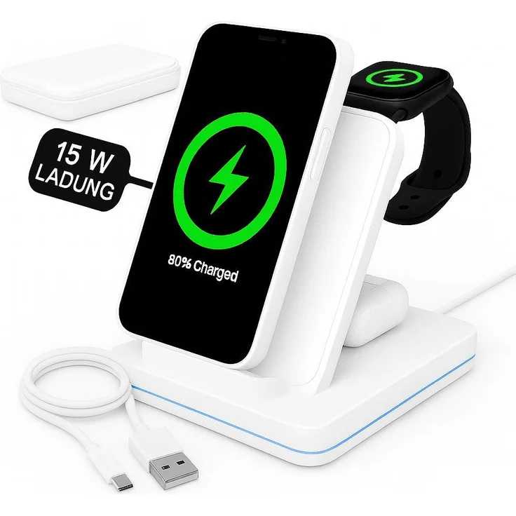 Marco Kuhn 3-in-1 Qi Ladestation für iPhone, Apple Watch & AirPods, 15W Wireless Fast Charger, Induktives Ladegerät für Smartphone, Kopfhörer & Smartwatch