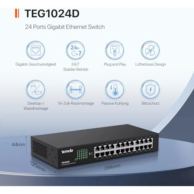 Tenda TEG1024D Gigabit Switch (24-Port RJ-45, L2, 48Gbps) – Bild 3