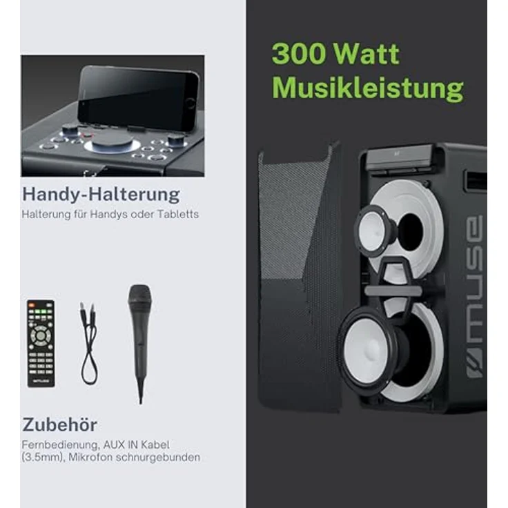 MUSE M-1920 DJ PA-Anlage mit Akku, 300 Watt, mit CD, Bluetooth und Licht-Effekten (USB, AUX, Mikrofon, Fernbedienung), schwarz – Bild 4