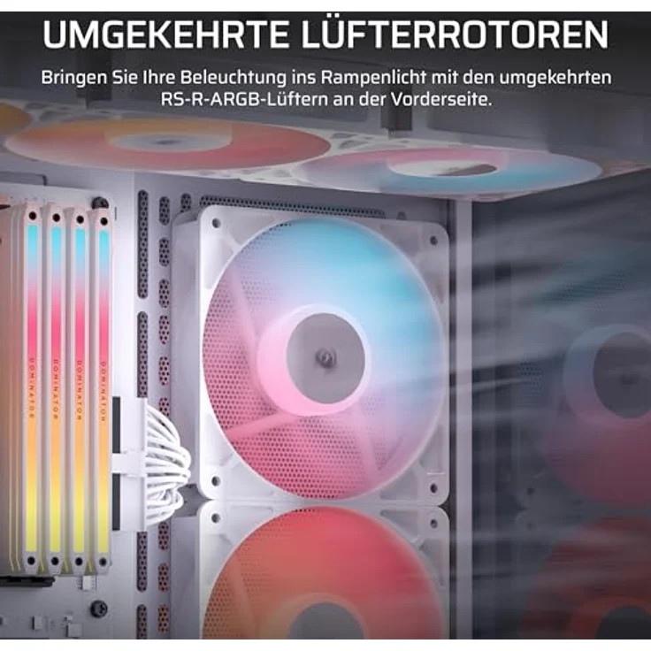 Corsair RS120-R ARGB 120-mm-PWM Gehäuselüfter, 5 ARGB-Reverse-Lüfter mit hohem statischen Druck, Daisy-Chain-Schaltung, magnetischem Domlager, Zero-RPM-Modus – Dreierpack – Weiß – Bild 4