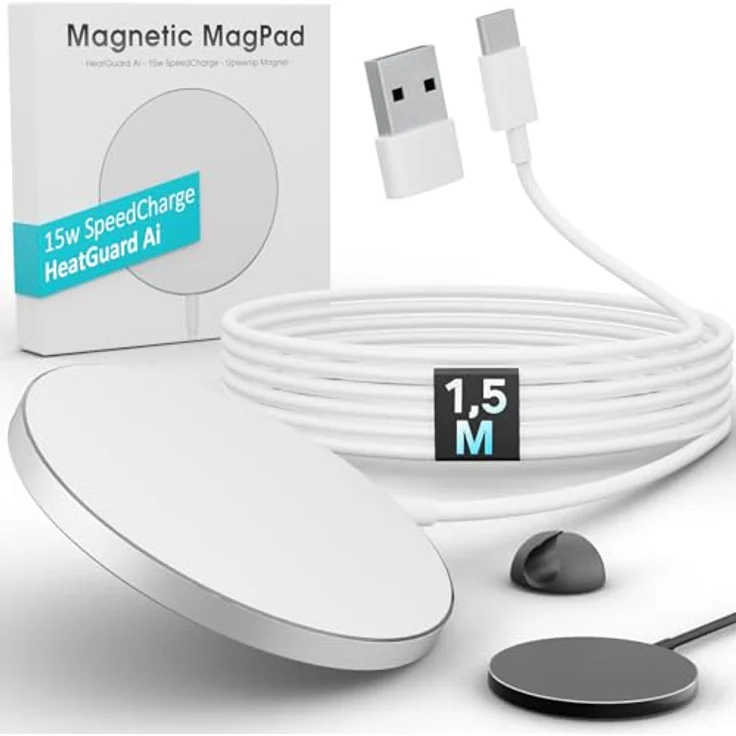 GreenHec MagSafe Ladegerät für Apple iPhone 15 14 13 12 11 X SE Magnet 15w Wireless Charger - Effizientes und schnelles Laden mit HeatGuard Ai Chip, PowerGrip Magnet und 1,5 Meter Kabel, Grün – Bild 1