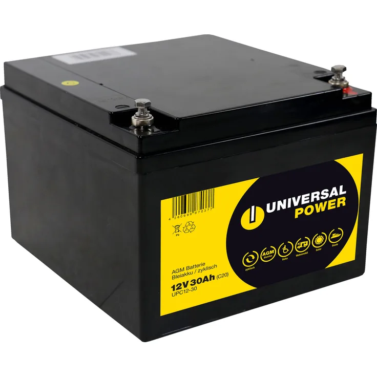 Universal Power AGM UPC12-30 12V 30Ah AGM Batterie zyklenfest wartungsfrei, Startbereit mit 30 Amperestunden Kapazität