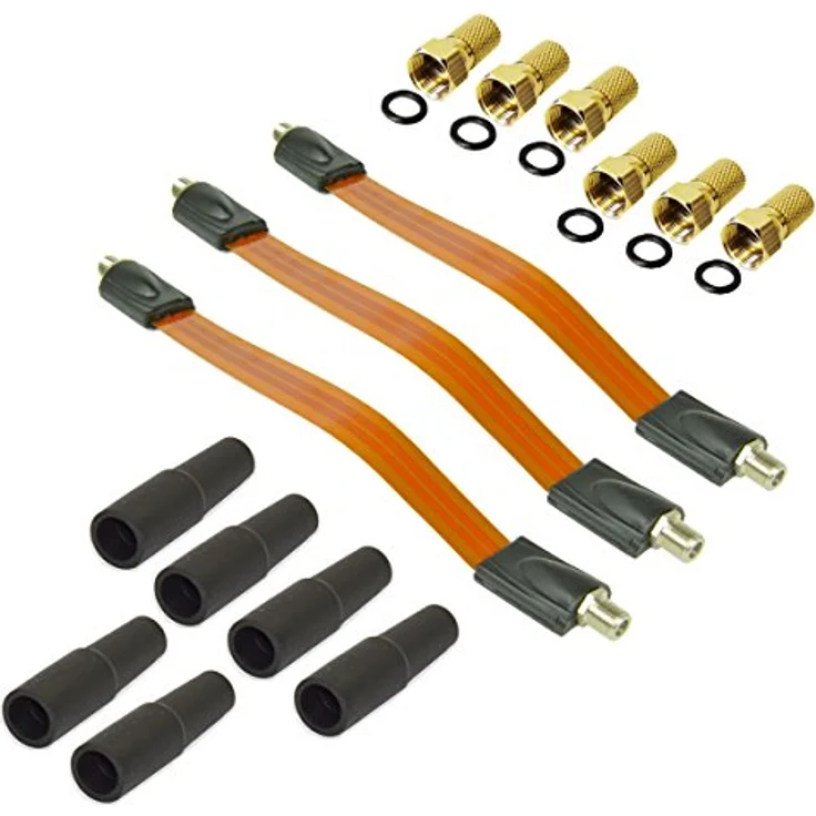 Premium X 3x Sat Fensterdurchführung, DVB-C DVB-T, extra flaches 26,5 cm Flachkabel mit vergoldeten F-Steckern und Gummitüllen – Bild 1
