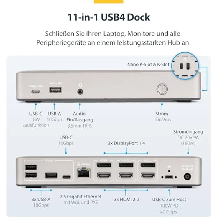 StarTech USB-C-Dockingstation (USB4), Dreifach 4K60Hz-Monitore, 100W Laptop-Ladung, 2,5GbE, nicht für macOS – Bild 2
