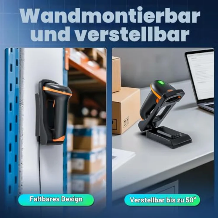 Tera D5100-CR, Kabelloser Barcode Scanner 1D 2D QR mit verstellbarem Klappständer, Wandmontage, 2,4 GHz & USB 2.0, orange Silikonschutz – Bild 2