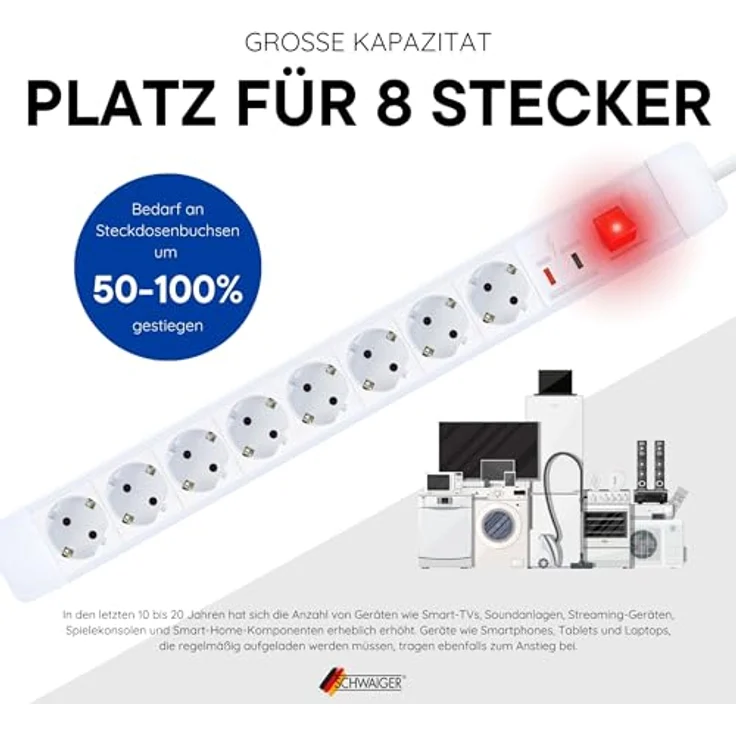 SCHWAIGER 660104 Steckdosenleiste 8-fach mit 1,5 m Anschlusskabel, Überspannungsschutz, Status-LEDs und Kippschalter – Bild 4