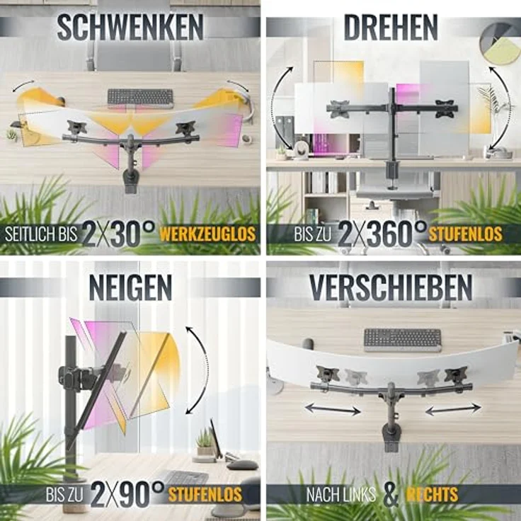RICOO Monitorhalterung 2 Monitore Monitorarm Monitor Halterung Tisch TS7811 VESA Tischhalterung für 13-27 Zoll Bildschirme - Schwenkbar, Höhenverstellbar, 360 Grad drehbar – Bild 3