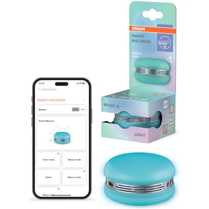 OSRAM Smart Macaron, Bluetooth-Lautsprecher mit drehbarem Farblicht, Musik-Sync, App-Timer, 3 Modi, Stereo-Pairing, blau