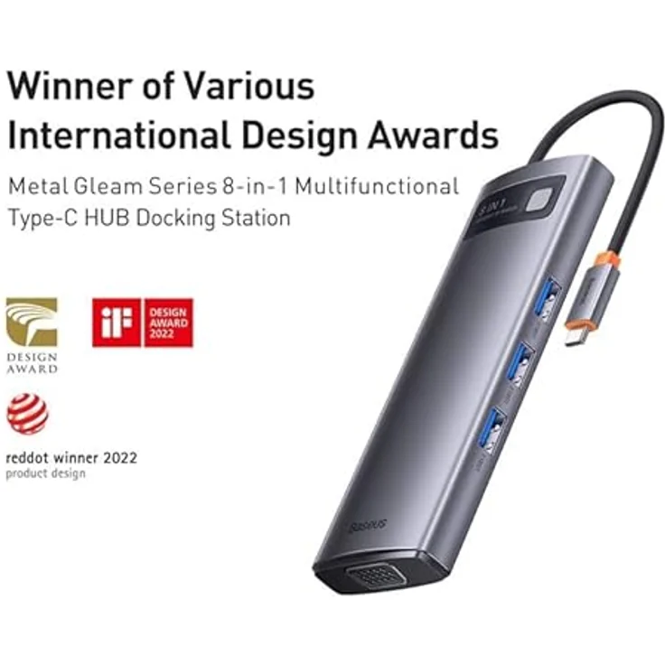 Baseus Hub 8in1 Metal Gleam Serie, USB-C auf 3X USB 3.0 + HDMI + USB-C PD + microSD/SD + VGA – Bild 2