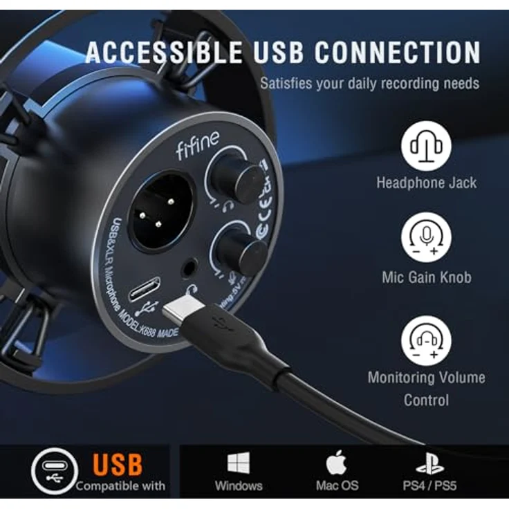 FIFINE XLR Studio Mikrofon, dynamisches USB Mikrofon für PC, Streaming, Podcast und Gaming, mit Nierencharakteristik und 2,5 m USB-Kabel, schwarz – Bild 4