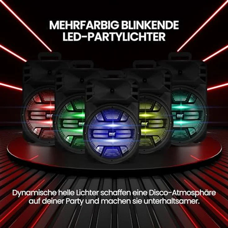 Pyle PPHP1243B, Bluetooth Musikbox mit 800W Leistung, integrierter DJ-LED-Beleuchtung, USB, MP3, SD und RCA Eingang – Bild 4