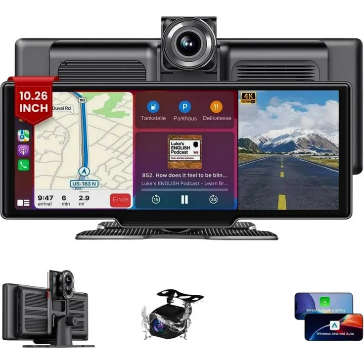 Goldstern-Tech DriveEye Vision 2 in 1 Dashcam mit 4K Ultra HD, Bluetooth, WLAN, FM-Transmitter, GPS, Nachtsicht, kabellosem Apple CarPlay & Android Auto, inkl. AHD Rückfahrkamera, Plug & Play Installation