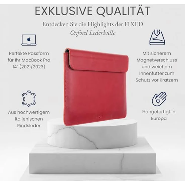 FIXED Oxford Lederhülle für MacBook Pro 14 Zoll M3, iPad und andere Geräte: Handgefertigte Laptoptasche aus italienischem Rindsleder, Hülle mit Magnetverschluss, Rot – Bild 2