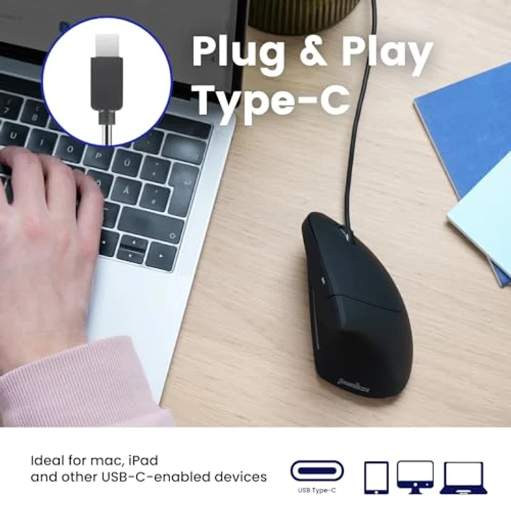 Perixx PERIMICE-513 C Vertikale Ergonomie-Maus, USB-C, schwarz, Rechtshänder mit einstellbarer DPI und rutschfester Oberfläche – Bild 2