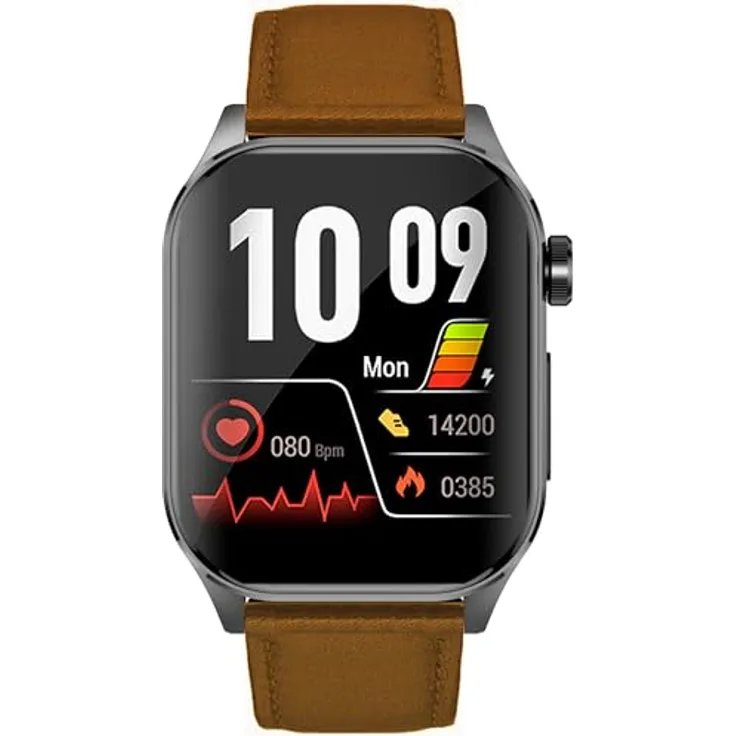 Knauermann PRO 3 (2024) Schwarz - Gesundheitsuhr Smartwatch mit Telefoniefunktion - EKG + HRV und SOS Funktion - AMOLED Display- BT Bluetooth - Schlafapnoe - Echtlederband Braun, 14-24