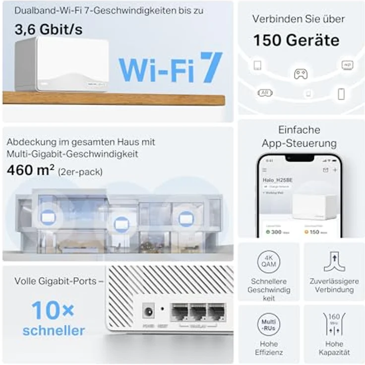 MERCUSYS Halo H25BE Mesh WLAN Set (2er-Pack), Wi-Fi 7 BE3600 Dualband-Router & Repeater mit 3 × Gigabit-Anschlüssen, MU-MIMO, WPA3 und Kindersicherung, empfohlen für 2–4 Schlafzimmer – Bild 3