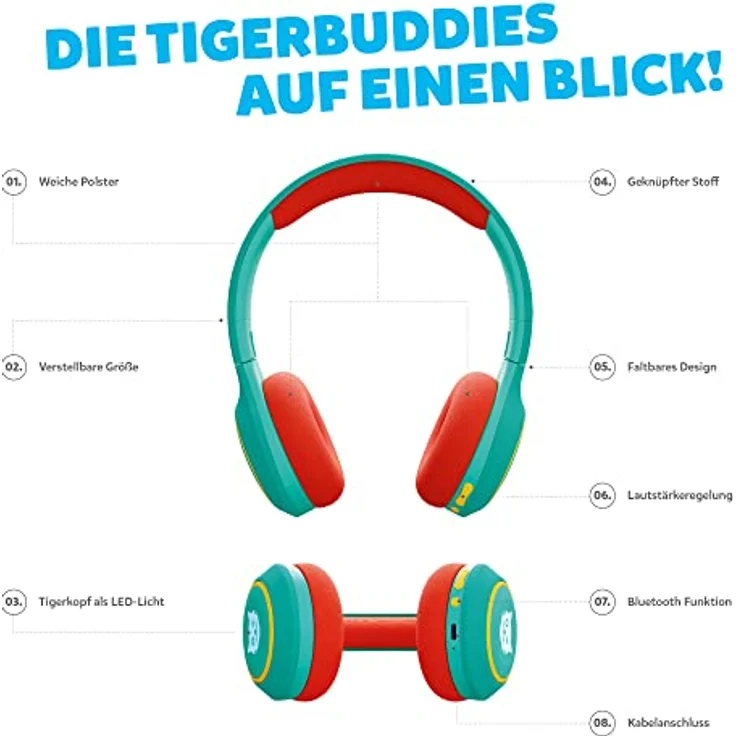 tigermedia tigerbuddies Kinderkopfhörer grün on-Ear Bluethooth AUX Lautstärkebegrenzung Stereo Sound Premium-Qualität perfekt für tigerbox, 145x191.5x76.5mm – Bild 3