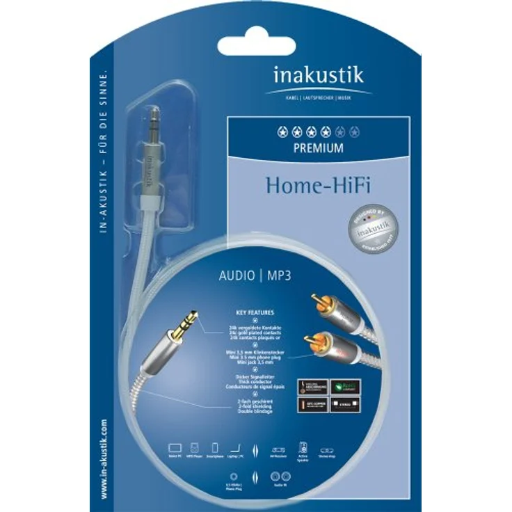 inakustik – 00410005 – Premium Klinkenadapter - 3,5mm Klinke -> 2 x RCA | Für den Anschluss von Smartphones, Tablets oder PC an HiFi-Verstärker | 5m in Weiß/Silber | 2-fache Abschirmung - moderner Geflechtschirm – Bild 3