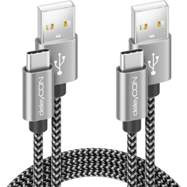 deleyCON USB-C Kabel SET (2 Stück, 1m, Schwarz) Nylon Ladekabel mit Metallsteckern, für Laden & Synchronisieren von Handy und Smartphone, bis zu 480 Mbit Datenübertragung