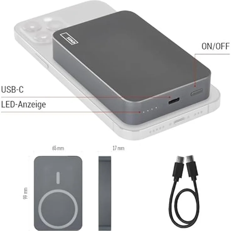 EMOS Powerbank 10.000 mAh WI 1046 mit Magnet - magnetischer externer Akku mit Passthrough und Wireless-Charging - USB-C-Ausgang, grau – Bild 3