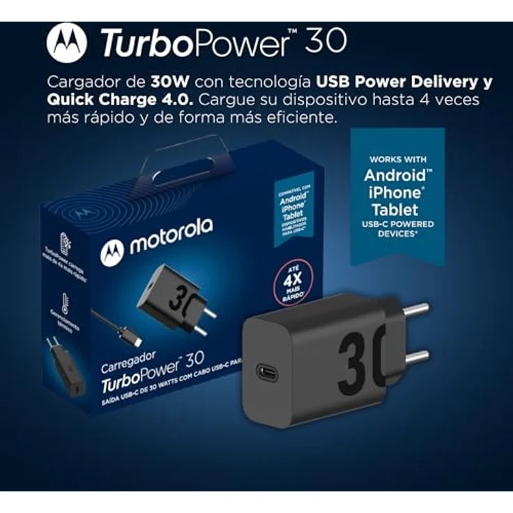 Motorola Turbopower 30-W-Schnellladegerät mit USB-PD QC 4.0-Technologie und 1 m USB-A-auf-USB-C-Kabel, universelle Kompatibilität, robust und sicher – Bild 2