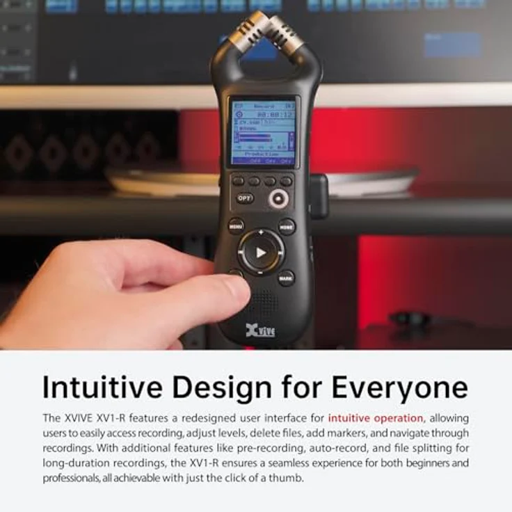Xvive XV1-R Digitaler Handheld-Recorder mit integrierten Mikrofonen, WAV-Aufnahme Mono/Stereo, 12h Akkulaufzeit, 1,7-Zoll-LCD-Display, 32GB SD-Karte, USB-C, schwarz – Bild 3