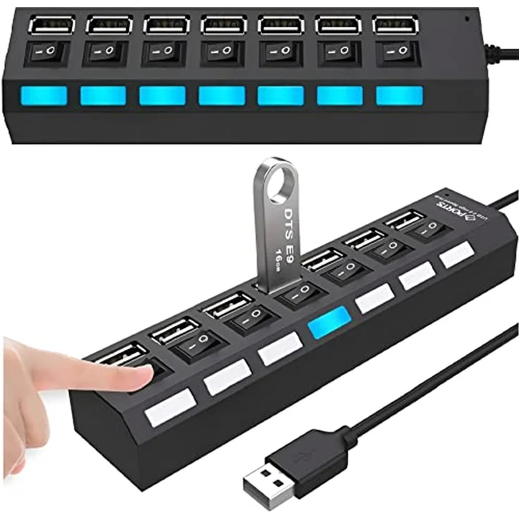 Retoo Hub USB 2.0 7 Port Adapter mit Power Schalter und LED - PC Laptop Powerbank USB Mehrfach Ports Verteiler mit Langes Kabel Multiport – Bild 1