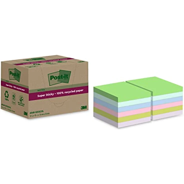 Post-it Super Sticky Recycling Notes RSS12COL, extrastarker Haftnotizblock aus 100% Recyclingpapier, leuchtende Farben – Bild 2