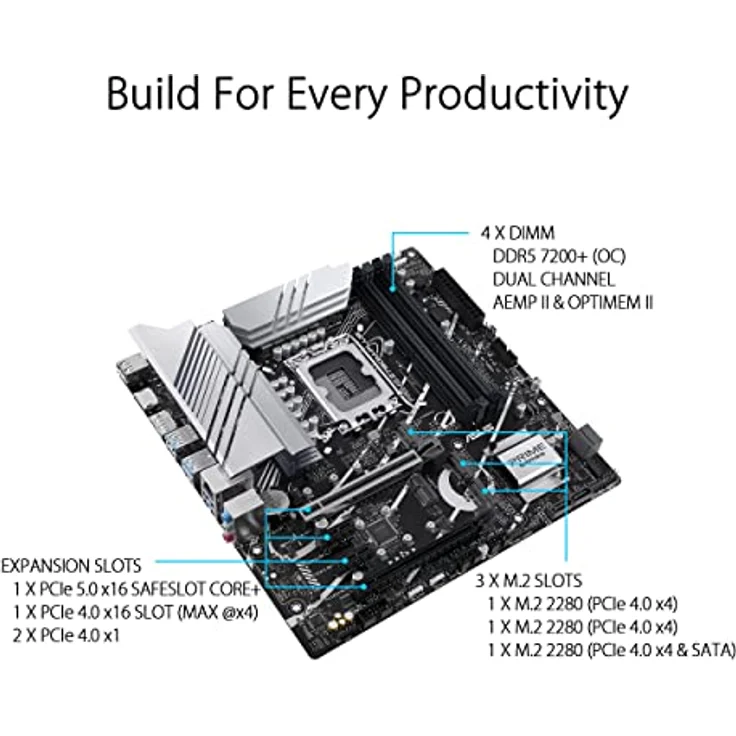 ASUS PRIME Z790M-PLUS Gaming Mainboard (Intel LGA 1700 (mATX, PCIe 5.0, DDR5 Speicher, 3x M.2, Aura Sync) – Bild 3