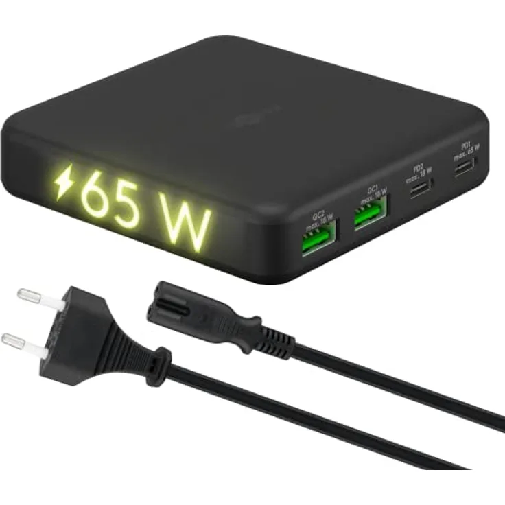 goobay 61772 Multiport 4-Fach USB-C Ladegerät mit 65W Leistung/lädt mehrere Geräte gleichzeitig über die USB-C (Power Delivery) Anschlüsse/Tischladegerät/Netzteil USB C/USB-Hub/Schwarz