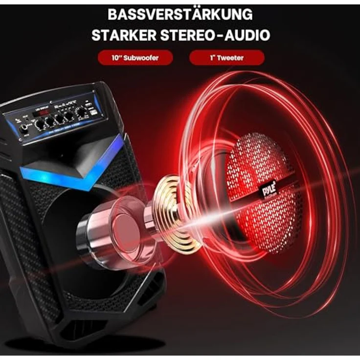 Pyle PA Bluetooth Lautsprecher-Karaoke Maschine, 600W, 10” Subwoofer, Karaoke Mikrofon, Bluetooth, Partybeleuchtung, Aufnahmefunktion, tragbar – Bild 2