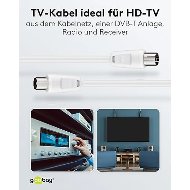 Goobay 50125 Antennenkabel, Vernickelte Koax-Stecker auf Koax-Buchse, Koaxialkabel geeignet für TV, HDTV, Radio, DVB-T2, DVB-S, DVB-S2, DVB-C, L, 2-fach geschirmt, 70 dB, 75 Ohm, 20m, weiß – Bild 6